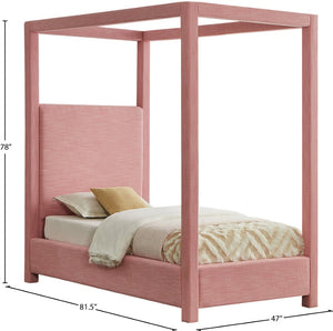 Meridian Furniture Emerson Four Post Canopy Twin Bed Linen Upholstered Mid-century Modern Bedroom Frame Pink EmersonPink-T