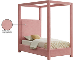 Meridian Furniture Emerson Four Post Canopy Twin Bed Linen Upholstered Mid-century Modern Bedroom Frame Pink EmersonPink-T
