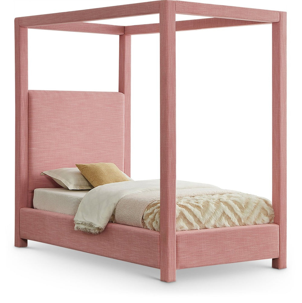 Meridian Furniture Emerson Four Post Canopy Twin Bed Linen Upholstered Mid-century Modern Bedroom Frame Pink EmersonPink-T