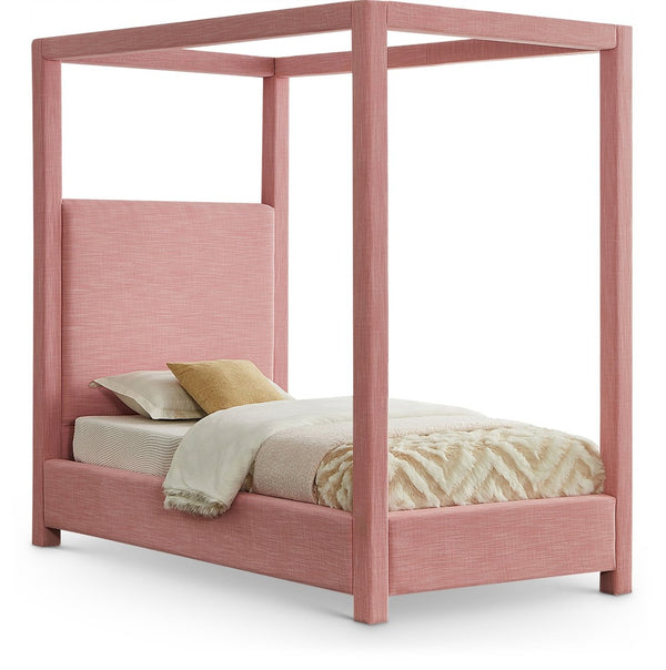 Meridian Furniture Emerson Four Post Canopy Twin Bed Linen Upholstered Mid-century Modern Bedroom Frame Pink EmersonPink-T