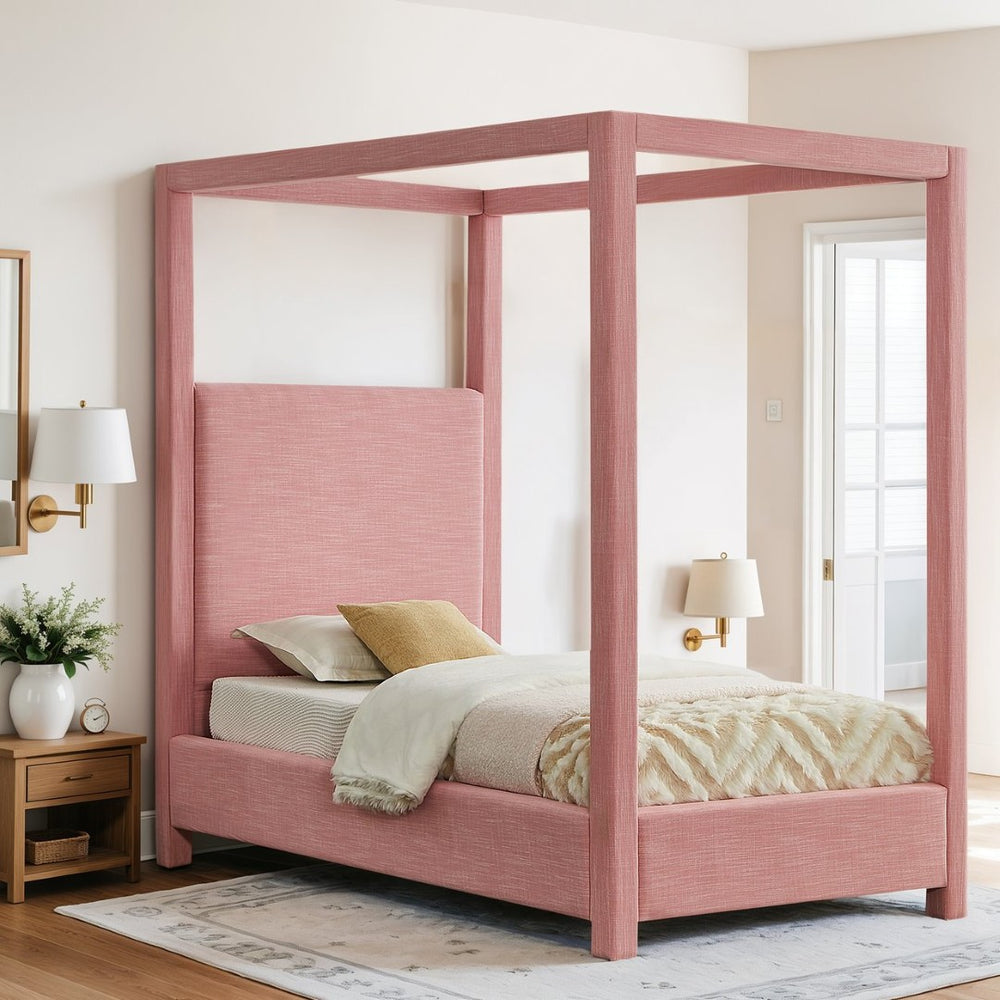 Meridian Furniture Emerson Four Post Canopy Twin Bed Linen Upholstered Mid-century Modern Bedroom Frame Pink EmersonPink-T