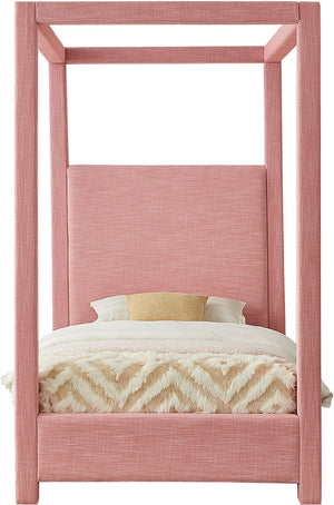 Meridian Furniture Emerson Four Post Canopy Twin Bed Linen Upholstered Mid-century Modern Bedroom Frame Pink EmersonPink-T