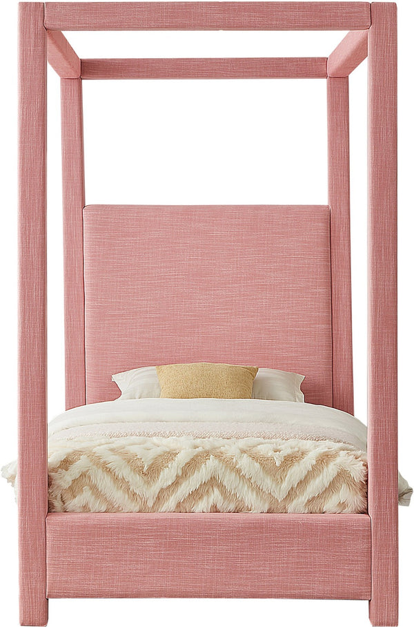 Meridian Furniture Emerson Four Post Canopy Twin Bed Linen Upholstered Mid-century Modern Bedroom Frame Pink EmersonPink-T