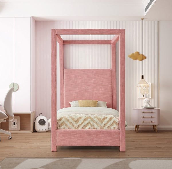 Meridian Furniture Emerson Four Post Canopy Twin Bed Linen Upholstered Mid-century Modern Bedroom Frame Pink EmersonPink-T