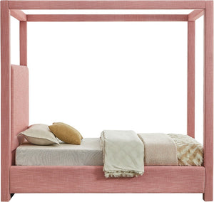 Meridian Furniture Emerson Four Post Canopy Twin Bed Linen Upholstered Mid-century Modern Bedroom Frame Pink EmersonPink-T