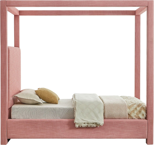 Meridian Furniture Emerson Four Post Canopy Twin Bed Linen Upholstered Mid-century Modern Bedroom Frame Pink EmersonPink-T