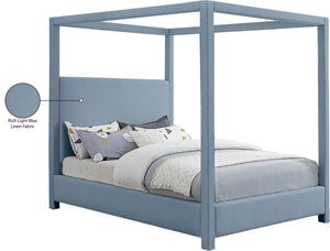 Meridian Furniture Emerson Four Post Canopy Full Bed Linen Upholstered Mid-century Modern Frame for Bedroom Sky Blue EmersonSkyBlu-F