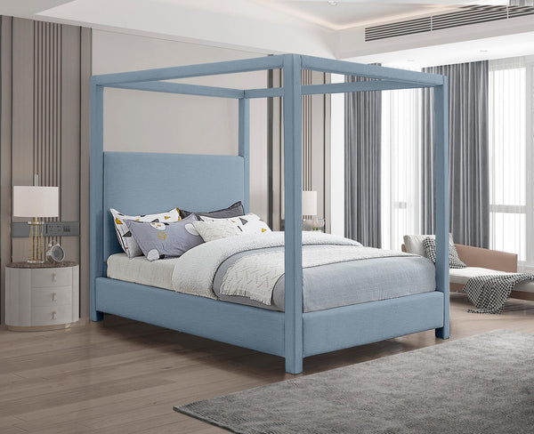 Meridian Furniture Emerson Four Post Canopy Full Bed Linen Upholstered Mid-century Modern Frame for Bedroom Sky Blue EmersonSkyBlu-F