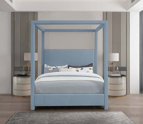 Meridian Furniture Emerson Four Post Canopy Full Bed Linen Upholstered Mid-century Modern Frame for Bedroom Sky Blue EmersonSkyBlu-F