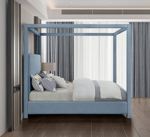 Meridian Furniture Emerson Four Post Canopy Full Bed Linen Upholstered Mid-century Modern Frame for Bedroom Sky Blue EmersonSkyBlu-F