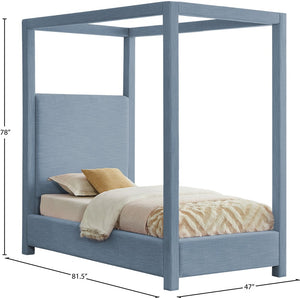 Meridian Furniture Emerson Four Post Canopy Twin Bed Linen Upholstered Mid-century Modern Bedroom Frame Sky Blue EmersonSkyBlu-T