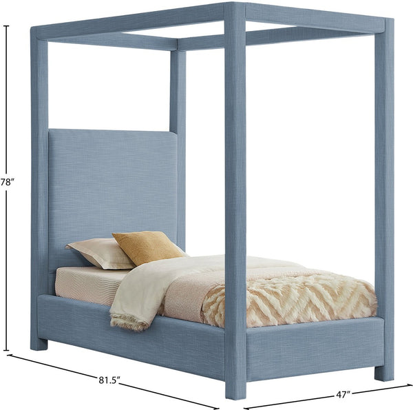 Meridian Furniture Emerson Four Post Canopy Twin Bed Linen Upholstered Mid-century Modern Bedroom Frame Sky Blue EmersonSkyBlu-T