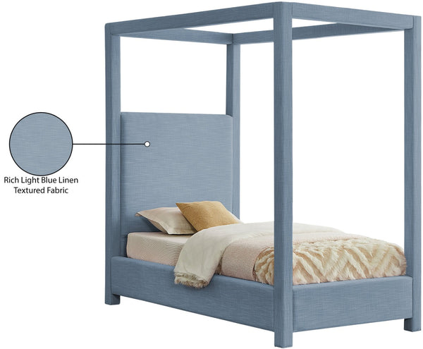 Meridian Furniture Emerson Four Post Canopy Twin Bed Linen Upholstered Mid-century Modern Bedroom Frame Sky Blue EmersonSkyBlu-T