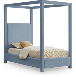 Meridian Furniture Emerson Four Post Canopy Twin Bed Linen Upholstered Mid-century Modern Bedroom Frame Sky Blue EmersonSkyBlu-T