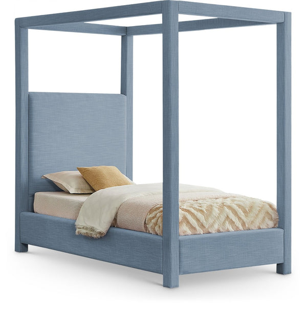 Meridian Furniture Emerson Four Post Canopy Twin Bed Linen Upholstered Mid-century Modern Bedroom Frame Sky Blue EmersonSkyBlu-T