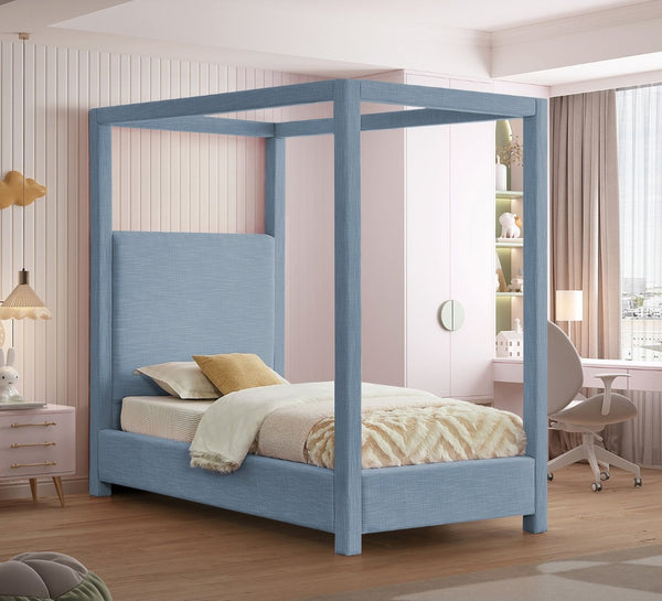 Meridian Furniture Emerson Four Post Canopy Twin Bed Linen Upholstered Mid-century Modern Bedroom Frame Sky Blue EmersonSkyBlu-T
