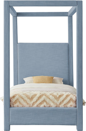 Meridian Furniture Emerson Four Post Canopy Twin Bed Linen Upholstered Mid-century Modern Bedroom Frame Sky Blue EmersonSkyBlu-T