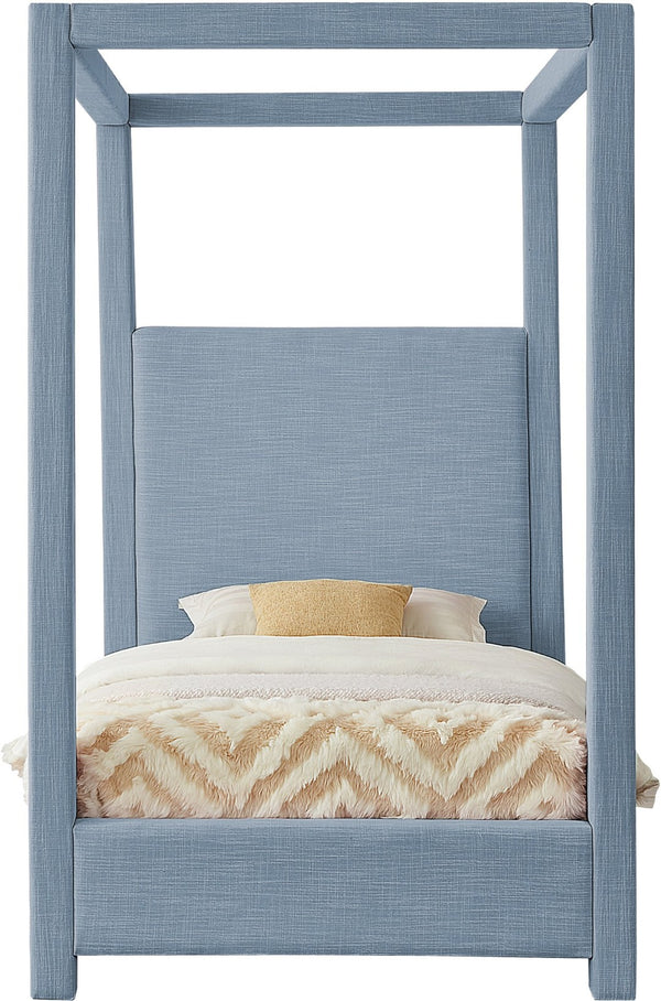 Meridian Furniture Emerson Four Post Canopy Twin Bed Linen Upholstered Mid-century Modern Bedroom Frame Sky Blue EmersonSkyBlu-T