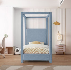 Meridian Furniture Emerson Four Post Canopy Twin Bed Linen Upholstered Mid-century Modern Bedroom Frame Sky Blue EmersonSkyBlu-T