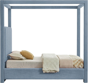 Meridian Furniture Emerson Four Post Canopy Twin Bed Linen Upholstered Mid-century Modern Bedroom Frame Sky Blue EmersonSkyBlu-T