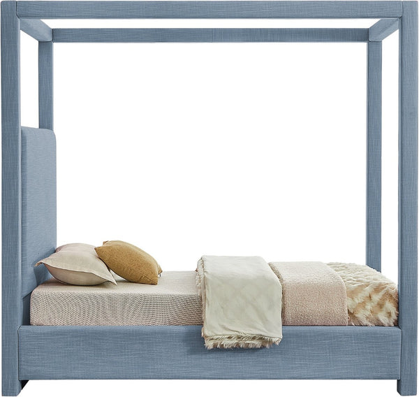 Meridian Furniture Emerson Four Post Canopy Twin Bed Linen Upholstered Mid-century Modern Bedroom Frame Sky Blue EmersonSkyBlu-T