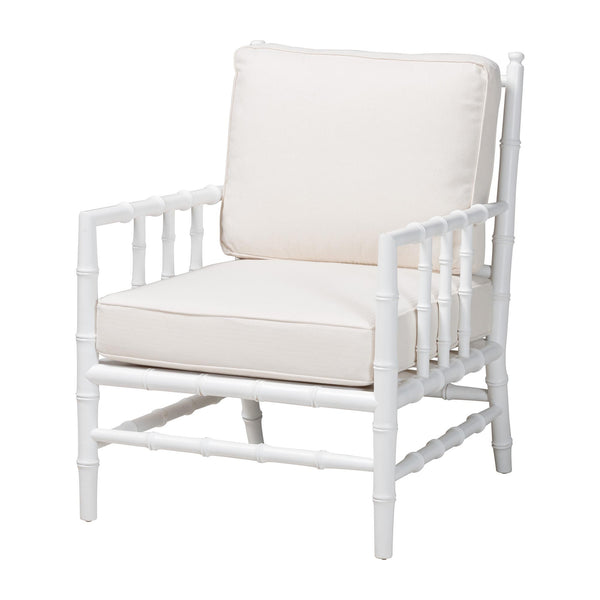 Baxton Studio Bali & Pari Evita Solid Mahogany Accent Chair Hand Carved Bamboo Artisan Design Evita-White-Cushion-AC
