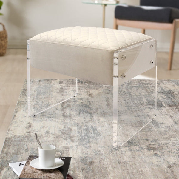 Pasargad Tribecca Collection Acrylic & Velvet Vanity Bench - Chic Design For Modern Homes Ivory Acrylic & Velvet Stool 139-1w