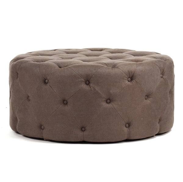 Zentique Round Tufted Ottoman In Luxurious Aubergine Linen – Stylish Accent & Versatile Seating Solution Aubergine Linen Oak,Linen F204 A008