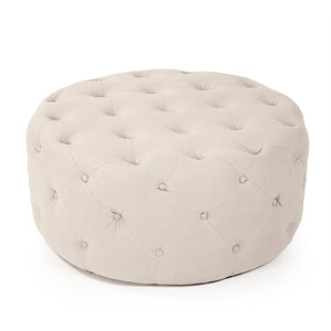 Zentique Round Tufted Ottoman with Oak Accents — Versatile Linen Upholstery, Deep Button Tufting, Multi-Use Seat Natural Linen F204 A003