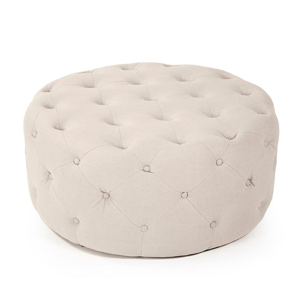Zentique Round Tufted Ottoman with Oak Accents — Versatile Linen Upholstery, Deep Button Tufting, Multi-Use Seat Natural Linen F204 A003