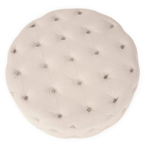 Zentique Round Tufted Ottoman with Oak Accents — Versatile Linen Upholstery, Deep Button Tufting, Multi-Use Seat Natural Linen F204 A003