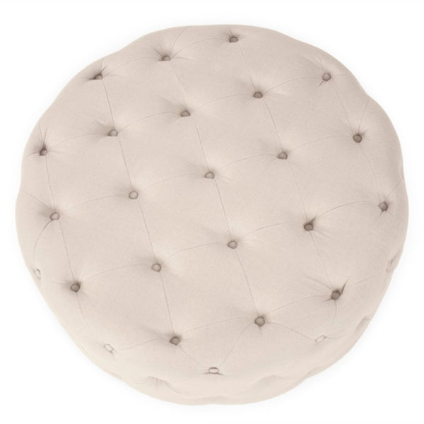 Zentique Round Tufted Ottoman with Oak Accents — Versatile Linen Upholstery, Deep Button Tufting, Multi-Use Seat Natural Linen F204 A003