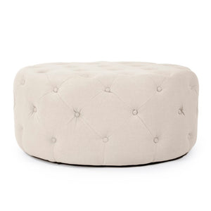 Zentique Round Tufted Ottoman with Oak Accents — Versatile Linen Upholstery, Deep Button Tufting, Multi-Use Seat Natural Linen F204 A003