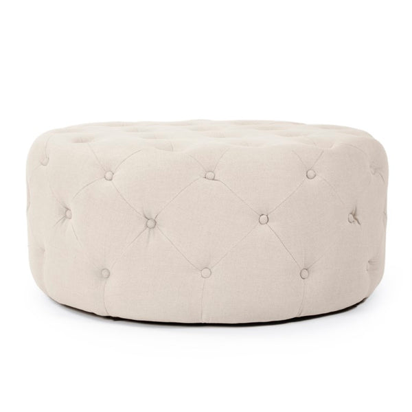 Zentique Round Tufted Ottoman with Oak Accents — Versatile Linen Upholstery, Deep Button Tufting, Multi-Use Seat Natural Linen F204 A003