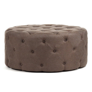 Zentique Round Tufted Ottoman with Oak Accents — Versatile Linen Upholstery, Deep Button Tufting, Multi-Use Seat Aubergine Linen F204 A008