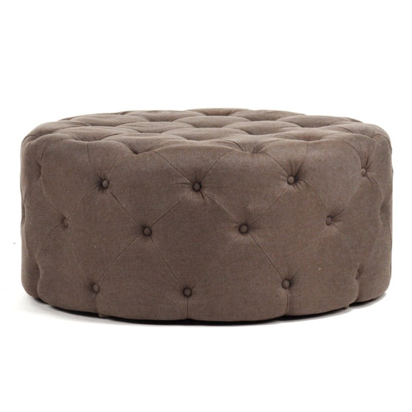 Zentique Round Tufted Ottoman with Oak Accents — Versatile Linen Upholstery, Deep Button Tufting, Multi-Use Seat Aubergine Linen F204 A008