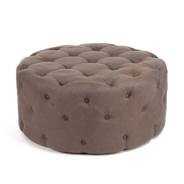 Zentique Round Tufted Ottoman with Oak Accents — Versatile Linen Upholstery, Deep Button Tufting, Multi-Use Seat Aubergine Linen F204 A008