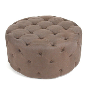 Zentique Round Tufted Ottoman with Oak Accents — Versatile Linen Upholstery, Deep Button Tufting, Multi-Use Seat Aubergine Linen F204 A008