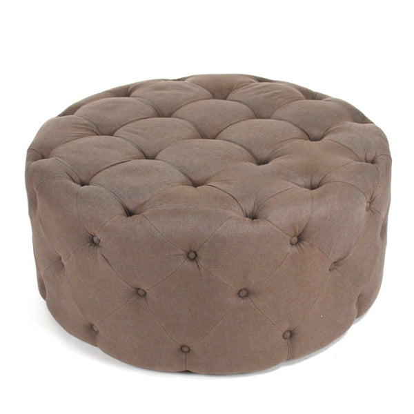Zentique Round Tufted Ottoman with Oak Accents — Versatile Linen Upholstery, Deep Button Tufting, Multi-Use Seat Aubergine Linen F204 A008