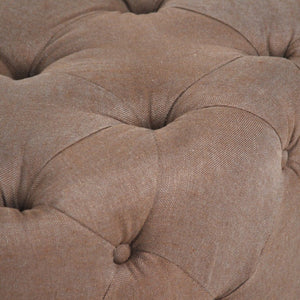 Zentique Round Tufted Ottoman with Oak Accents — Versatile Linen Upholstery, Deep Button Tufting, Multi-Use Seat Aubergine Linen F204 A008