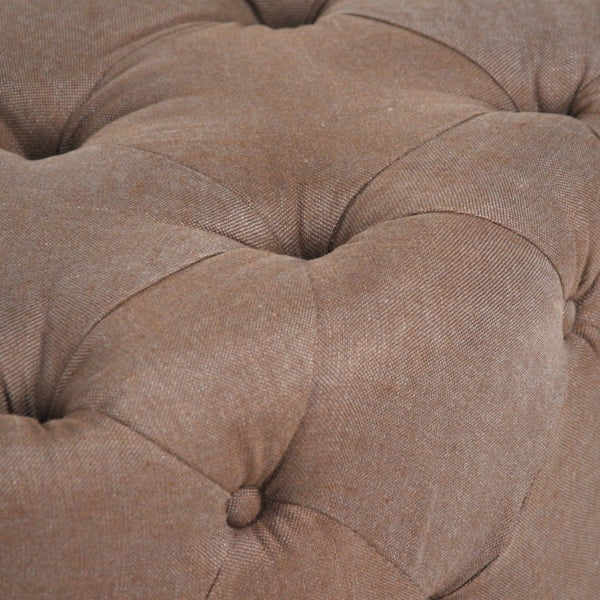 Zentique Round Tufted Ottoman with Oak Accents — Versatile Linen Upholstery, Deep Button Tufting, Multi-Use Seat Aubergine Linen F204 A008