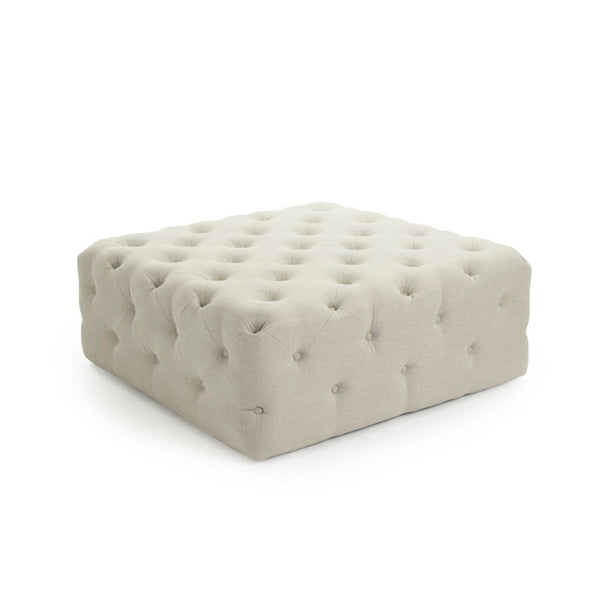 Zentique Calvin Tufted Ottoman in Linen on Oak Frame — Versatile Seating, Footrest or Low Coffee Table, 39" F204 SQU A003