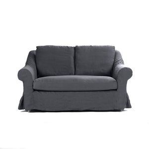 Zentique Albine Settee mid-century modern linen-upholstered loveseat with solid oak frame and high-density foam comfort Limed Grey Oak, Navy Blue Linen F249-2 E272 A076