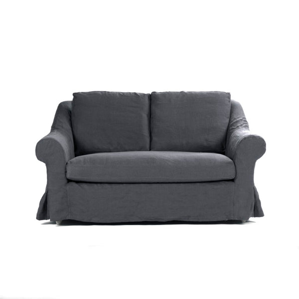 Zentique Albine Settee mid-century modern linen-upholstered loveseat with solid oak frame and high-density foam comfort Limed Grey Oak, Navy Blue Linen F249-2 E272 A076