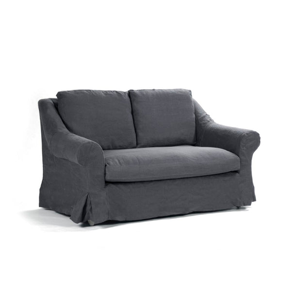 Zentique Albine Settee mid-century modern linen-upholstered loveseat with solid oak frame and high-density foam comfort Limed Grey Oak, Navy Blue Linen F249-2 E272 A076