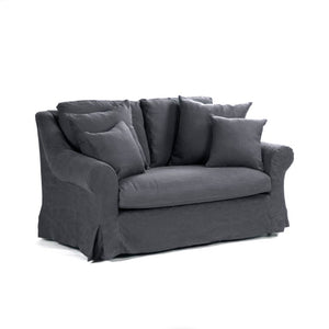 Zentique Albine Settee mid-century modern linen-upholstered loveseat with solid oak frame and high-density foam comfort Limed Grey Oak, Navy Blue Linen F249-2 E272 A076
