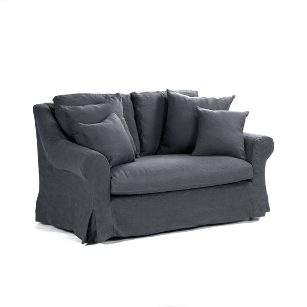 Zentique Albine Settee mid-century modern linen-upholstered loveseat with solid oak frame and high-density foam comfort Limed Grey Oak, Navy Blue Linen F249-2 E272 A076