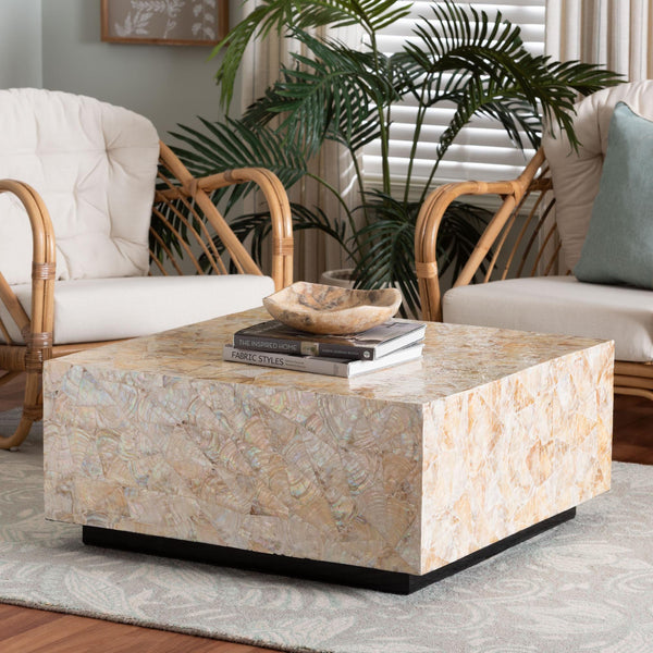Bali & Pari Fraley Capiz Shell Mosaic Square Coffee Table with Plinth Base