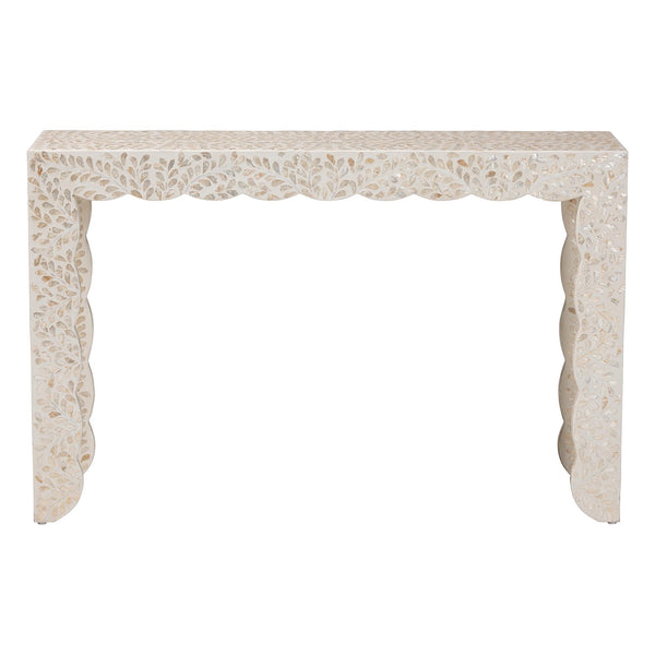 Bali & Pari Hedya Capiz Shell Mosaic Entryway Console Scalloped Coastal Artisan