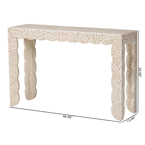 Bali & Pari Hedya Capiz Shell Mosaic Entryway Console Scalloped Coastal Artisan